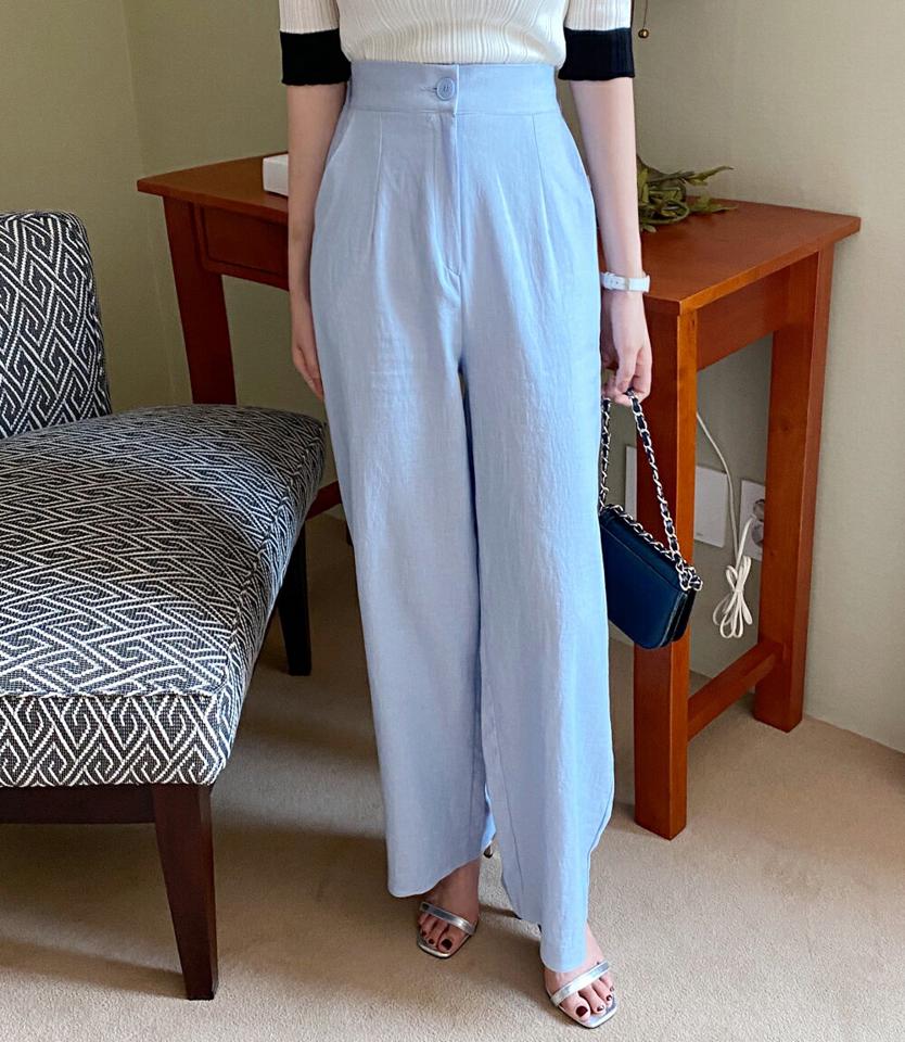 リネン混ストレートスラックス・全4色・b67712 レディース 【pt】スラックス パンツ ズボン ロングパンツ ストレート リネン 単色 無地 シンプル ベーシック パステル 水色 ハイウエスト フルレングス オフィスカジュアル 春 夏 韓国ファッション