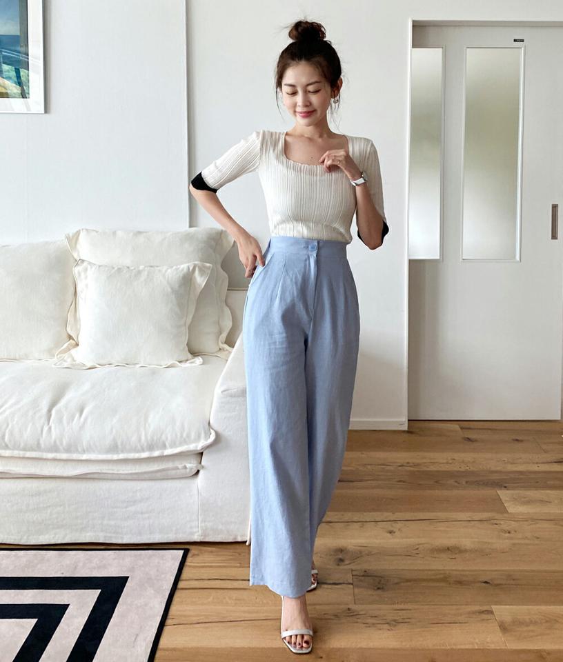 リネン混ストレートスラックス・全4色・b67712 レディース 【pt】スラックス パンツ ズボン ロングパンツ ストレート リネン 単色 無地 シンプル ベーシック パステル 水色 ハイウエスト フルレングス オフィスカジュアル 春 夏 韓国ファッション