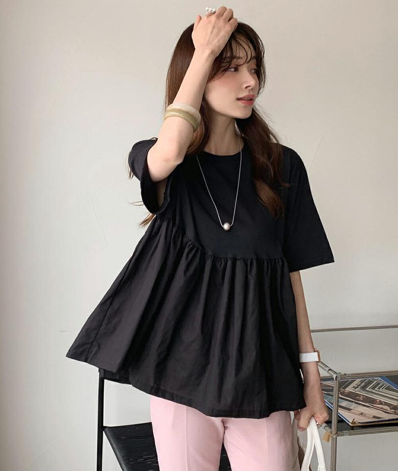 コットンフレアTシャツ・全3色・t71994 レディース 【tops】トップス 半袖 Tシャツ 単色 無地 シンプル コットン 綿 フレア 体型カバー 楽ちん カジュアル フェミニン ギャザー 春 夏 きれいめ お腹カバー 韓国ファッション ハイホリHIHOLLI