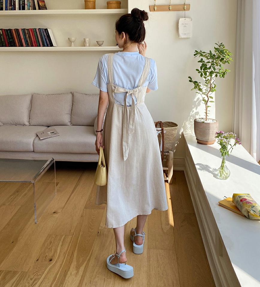 【10%OFF】≪人気商品再入荷≫リネン混バックリボンノースリワンピース・全3色・t01151 レディース 【ops】ワンピース ロング丈 ロングワンピース スリーブレス ノースリーブ レイヤード 背中見せ 水色 バックシャン りぼん リネン 春 夏 韓国ファッション セール SALE