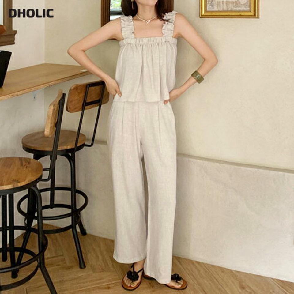 リネン混フリルノースリーブ&ワンタックスラックスSET・全5色・t01133 レディース 【pt】セットアップ setup トップ ノースリーブ パンツ ズボン ロングパンツ スラックス リネン フリル 単色 シンプル カジュアル 春 夏 韓国ファッション