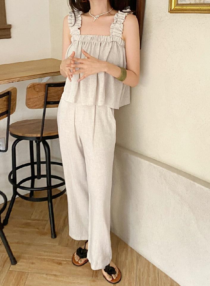 リネン混フリルノースリーブ&ワンタックスラックスSET・全5色・t01133 レディース 【pt】セットアップ setup トップ ノースリーブ パンツ ズボン ロングパンツ スラックス リネン フリル 単色 シンプル カジュアル 春 夏 韓国ファッション