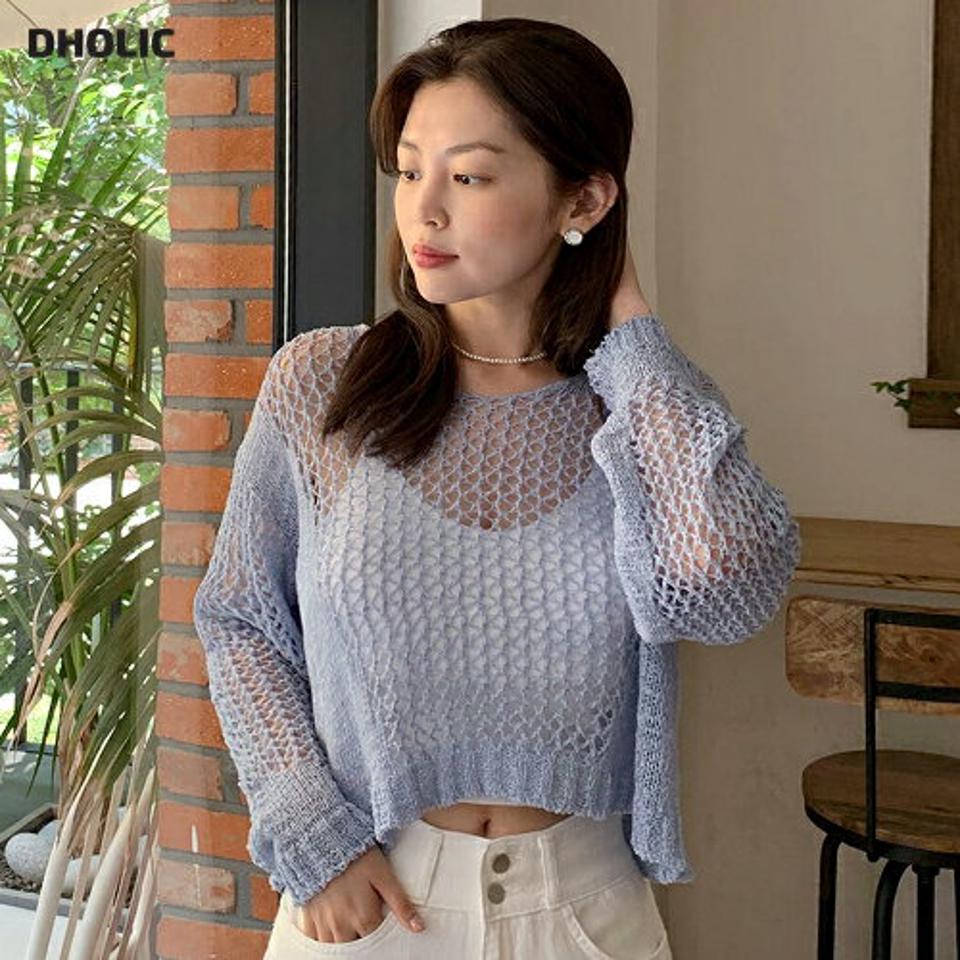 Vネックシアールーズニット・全4色・t01126 レディース 【tops】トップス ニット 長袖 透け感 シアー シースルー ルーズ ゆったり ラフ カジュアル ドロップショルダー 編み レイヤード メッシュ 海 水色 春 夏 秋 韓国ファッション