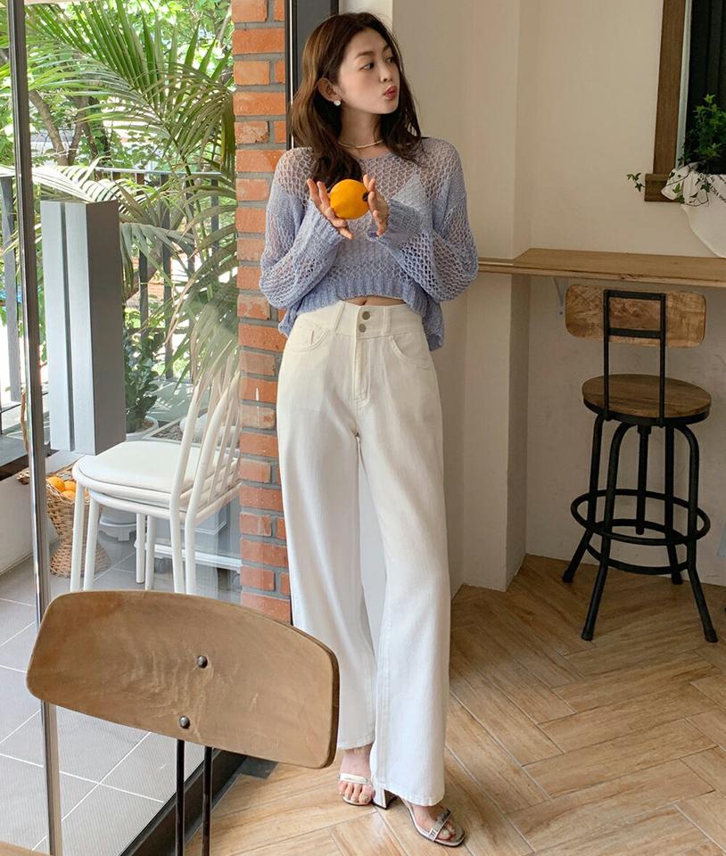 Vネックシアールーズニット・全4色・t01126 レディース 【tops】トップス ニット 長袖 透け感 シアー シースルー ルーズ ゆったり ラフ カジュアル ドロップショルダー 編み レイヤード メッシュ 海 水色 春 夏 秋 韓国ファッション