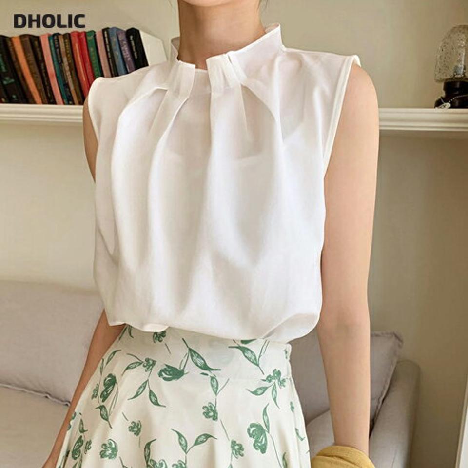 タックハーフネックノースリーブ・全3色・t01121 レディース 【bl】トップス スリーブレス ノースリーブ ブラウス ハーフネック フレア タック 単色 無地 シンプル 上品 きれいめ 大人 オフィスカジュアル 春 夏 韓国ファッション