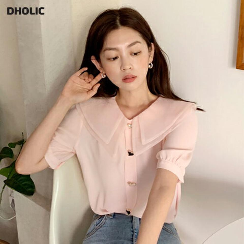 ハートボタンダブルカラーブラウス・全3色・b01122 レディース 【bl】トップス ブラウス 半袖 大きい襟 襟コン ハートボタン かわいい 可愛い フェミニン ガーリー シフォン パフスリーブ ギャザー 大人 ピンク 春 夏 韓国ファッション