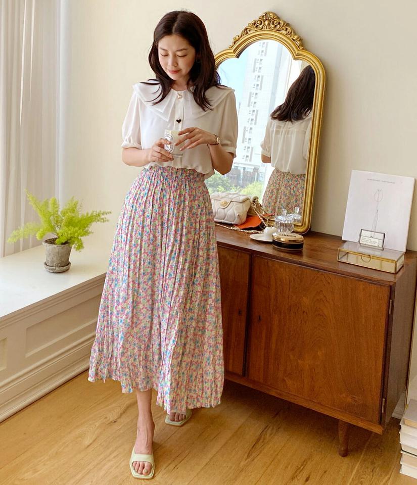 ハートボタンダブルカラーブラウス・全3色・b01122 レディース 【bl】トップス ブラウス 半袖 大きい襟 襟コン ハートボタン かわいい 可愛い フェミニン ガーリー シフォン パフスリーブ ギャザー 大人 ピンク 春 夏 韓国ファッション