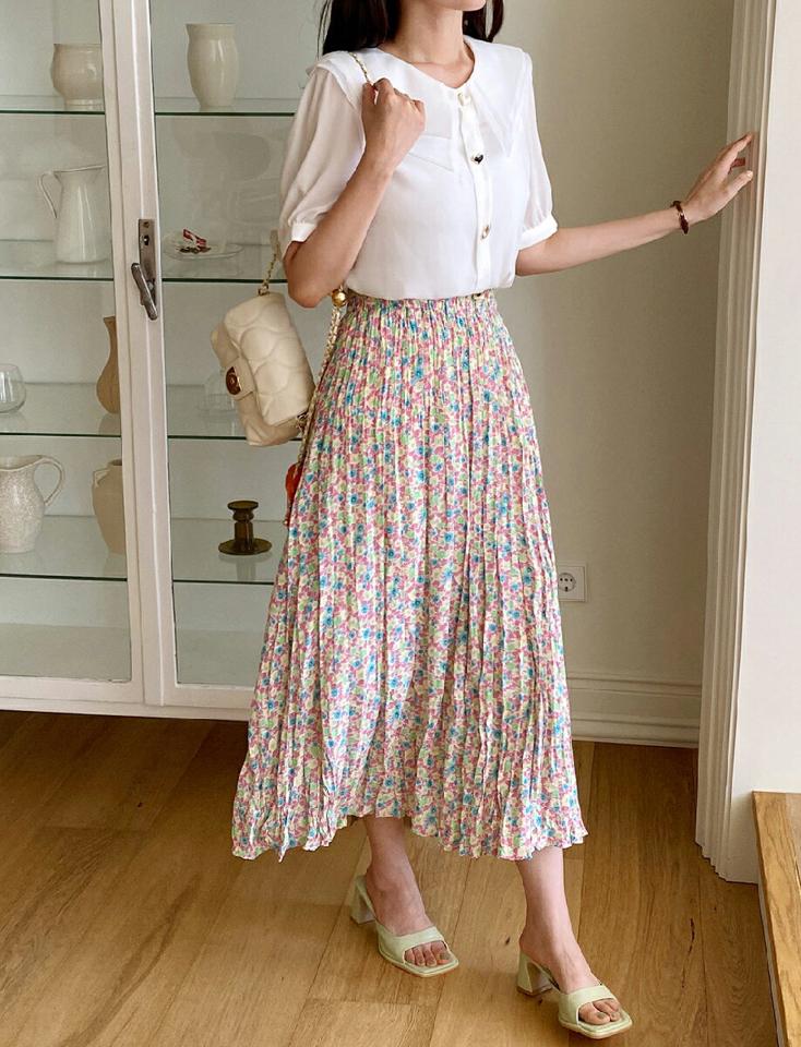 ハートボタンダブルカラーブラウス・全3色・b01122 レディース 【bl】トップス ブラウス 半袖 大きい襟 襟コン ハートボタン かわいい 可愛い フェミニン ガーリー シフォン パフスリーブ ギャザー 大人 ピンク 春 夏 韓国ファッション