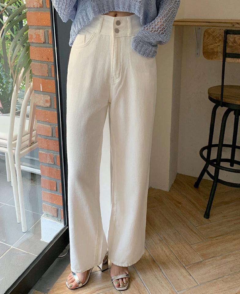 ツーボタンワイドパンツ・全2色・t01155 レディース 【pt】パンツ ズボン ロングパンツ ワイドパンツ 単色 無地 シンプル ベーシック カジュアル ベルトループ ストレート ハイウエスト 春 夏 韓国ファッション