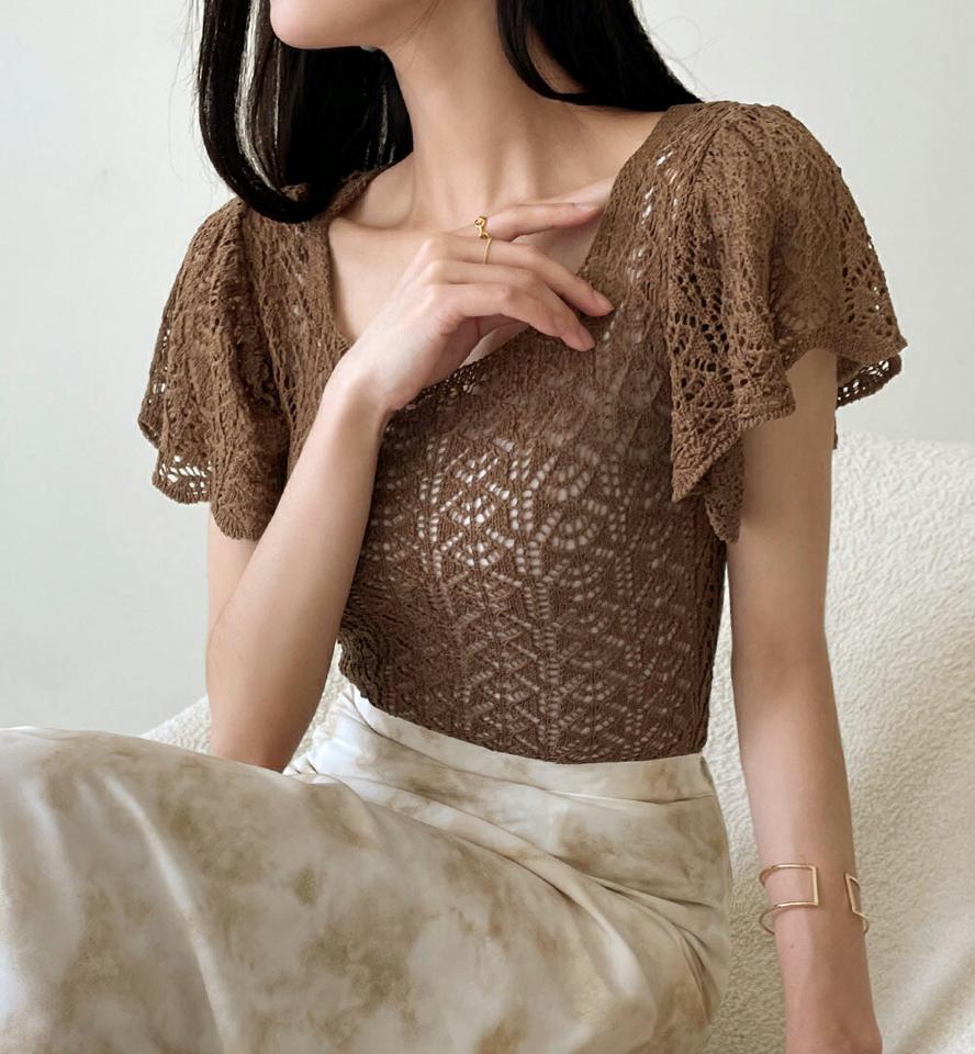 クロシェラッフルスリーブニット・全4色・b72219 レディース 【tops】トップス ニット 半袖 クロシェ編み Uネック デコルテ 透け感 スカラップ ラッフル 春 夏 フェミニン 可愛い かわいい サマーニット 透かし編み 韓国ファッション ハイホリHIHOLLI