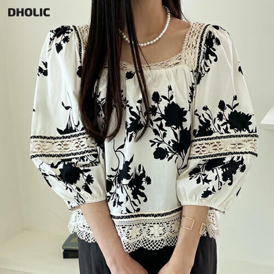 【10%OFF】スクエアパフレースパターンブラウス・全1色・b72222 レディース 【bl】ブラウス トップス 7分袖 七分袖 柄 模様 異素材 レース 花柄 コットン 綿 クロップド丈 スクエアネック 鎖骨 デコルテ 春 夏 フェミニン 韓国ファッション ハイホリHIHOLLI blsセール