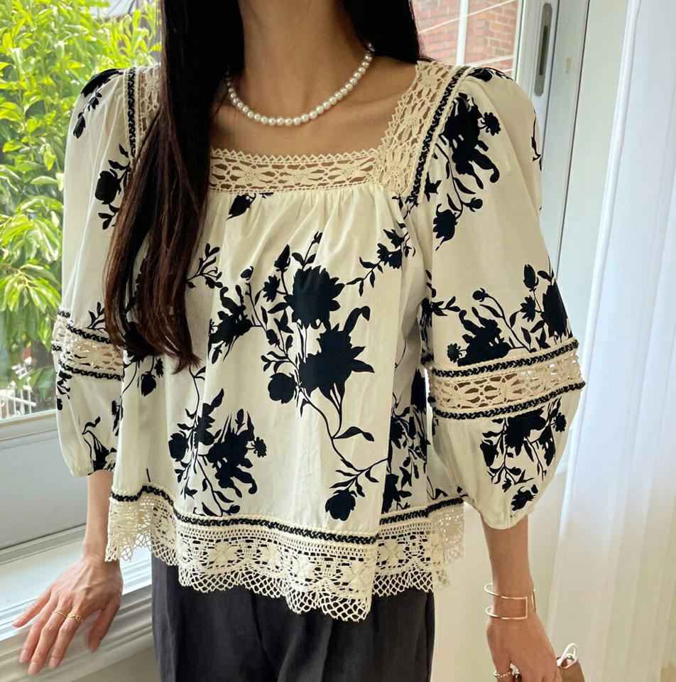 【10%OFF】スクエアパフレースパターンブラウス・全1色・b72222 レディース 【bl】ブラウス トップス 7分袖 七分袖 柄 模様 異素材 レース 花柄 コットン 綿 クロップド丈 スクエアネック 鎖骨 デコルテ 春 夏 フェミニン 韓国ファッション ハイホリHIHOLLI blsセール