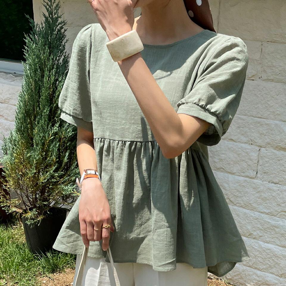 ペプラムコットンブラウス・全4色・t72223 レディース 【bl】ブラウス トップス 半袖 単色 無地 シンプル ペプラム 体型カバー コットン 綿 パフスリーブ パフ袖 パステル 春 夏 フェミニン お腹カバー 二の腕カバー 韓国ファッション ハイホリHIHOLLI