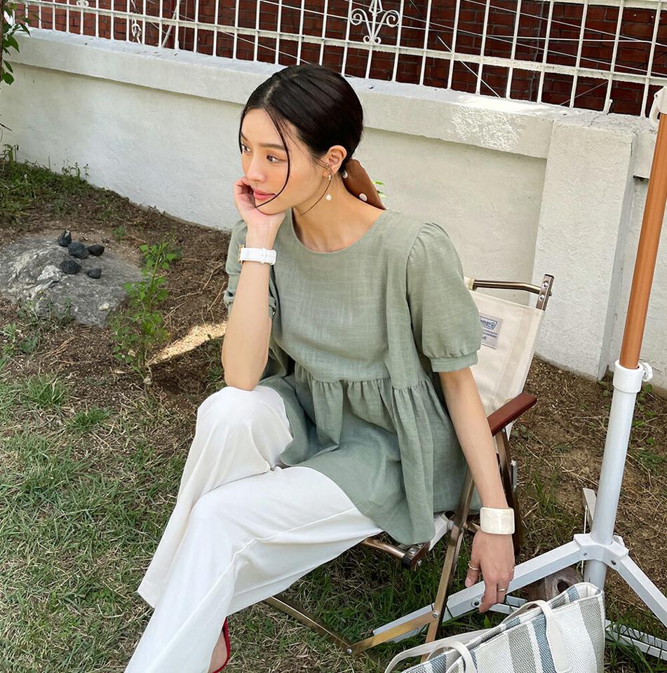 ペプラムコットンブラウス・全4色・t72223 レディース 【bl】ブラウス トップス 半袖 単色 無地 シンプル ペプラム 体型カバー コットン 綿 パフスリーブ パフ袖 パステル 春 夏 フェミニン お腹カバー 二の腕カバー 韓国ファッション ハイホリHIHOLLI