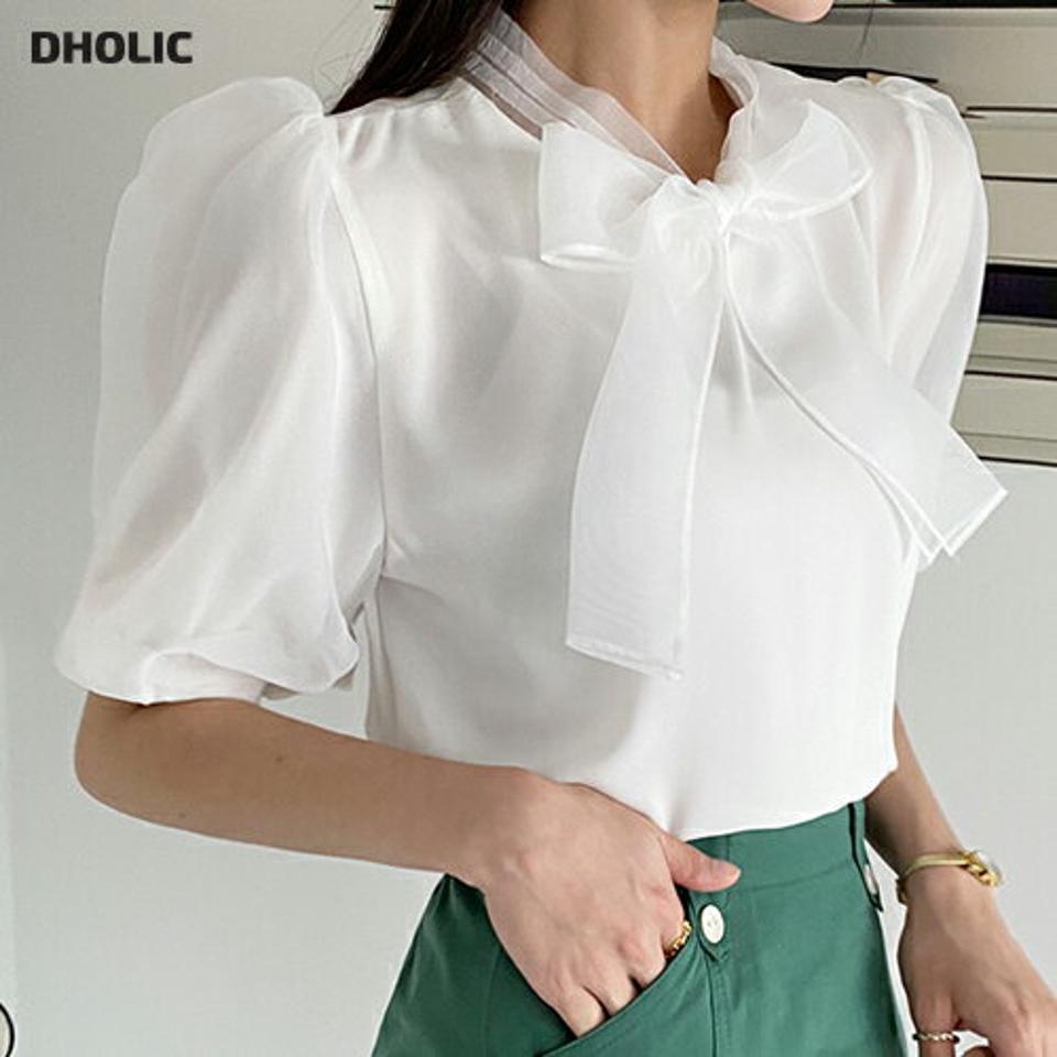 シアーリボンブラウス・全3色・b72226 レディース 【bl】ブラウス トップス 単色 リボン りぼん タイ 半袖 異素材 シフォン パフスリーブ パフ袖 シアー シースルー 二の腕カバー パステル 春 夏 上品 フェミニン 韓国ファッション ハイホリHIHOLLI