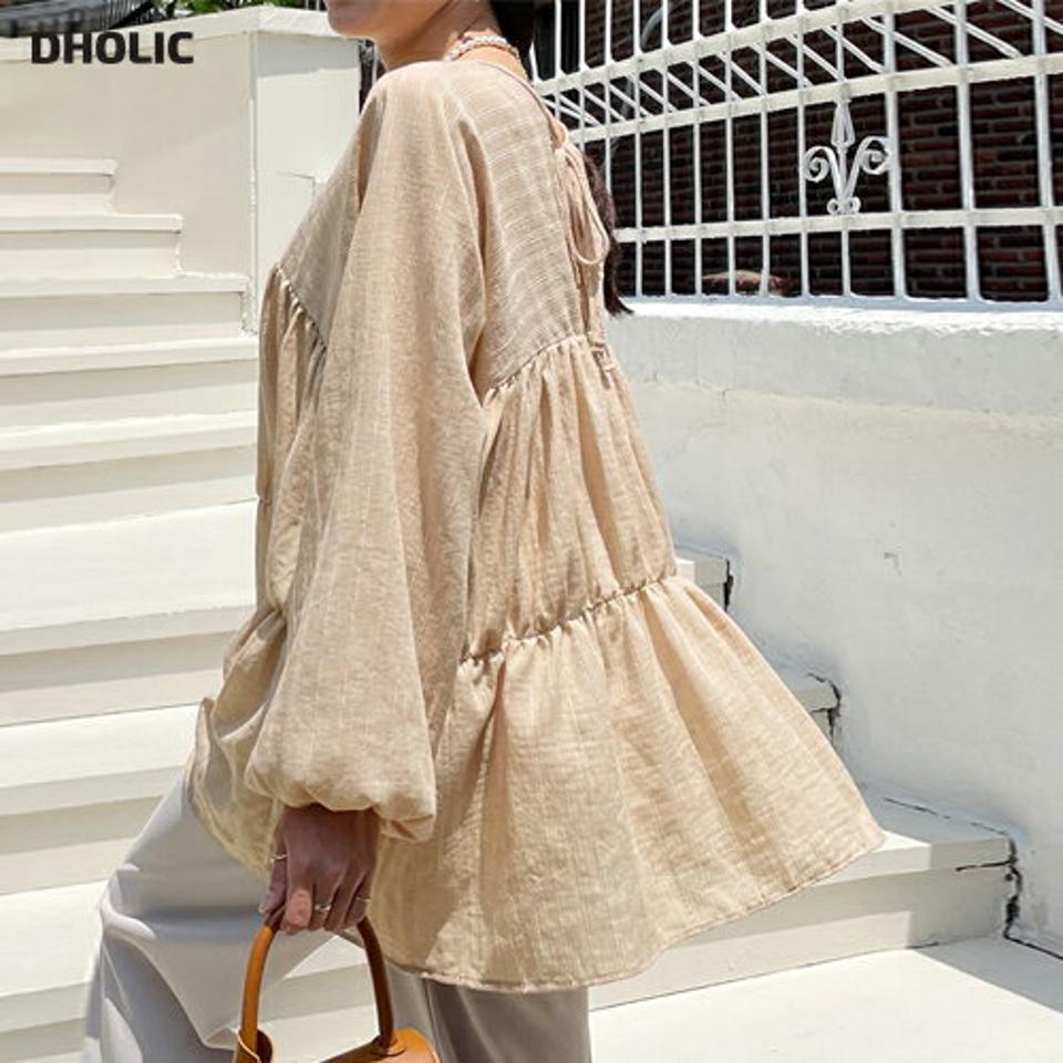 【10%OFF】Vネックストライプリボンブラウス・全3色・t72227 レディース 【bl】ブラウス 長袖 柄 模様 ストライプ ゆったり 楽ちん 体型カバー パステル ティアード Vネック 鎖骨 デコルテ バックシャン 春 夏 フェミニン 韓国ファッション ハイホリHIHOLLI blsセール