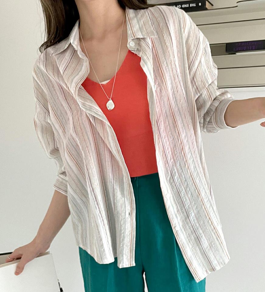 コットンルーズフィットストライプシャツ・全2色・t72228 レディース 【bl】シャツ 長袖 襟 ボタン 柄 模様 ストライプ ルーズフィット ゆったり 楽ちん シースルー シアー 春 夏 爽やか カジュアル 韓国ファッション ハイホリHIHOLLI