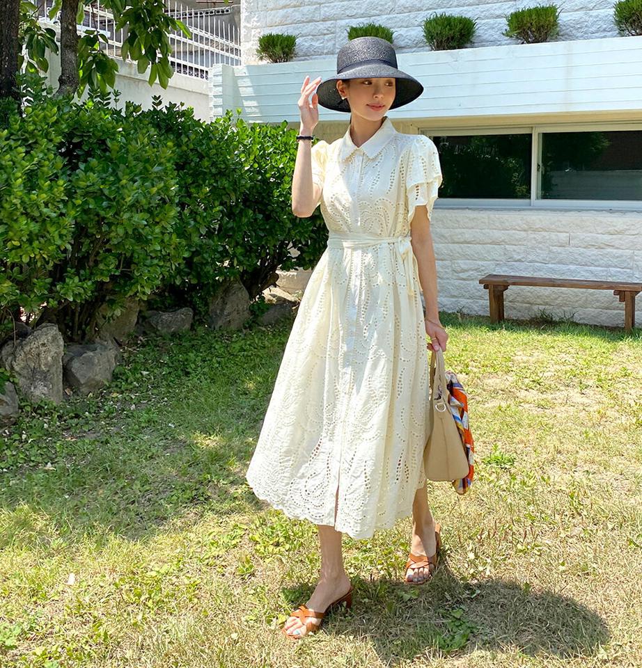 ストラップ付アイレットレースパフワンピース・全3色・b72237 レディース 【ops】ワンピース ロング丈 半袖 ウエストマーク ストラップ付 アイレット レース 柄 模様 襟 フレア パフ 体型カバー 春 夏 フェミニン 韓国ファッション ハイホリHIHOLLI
