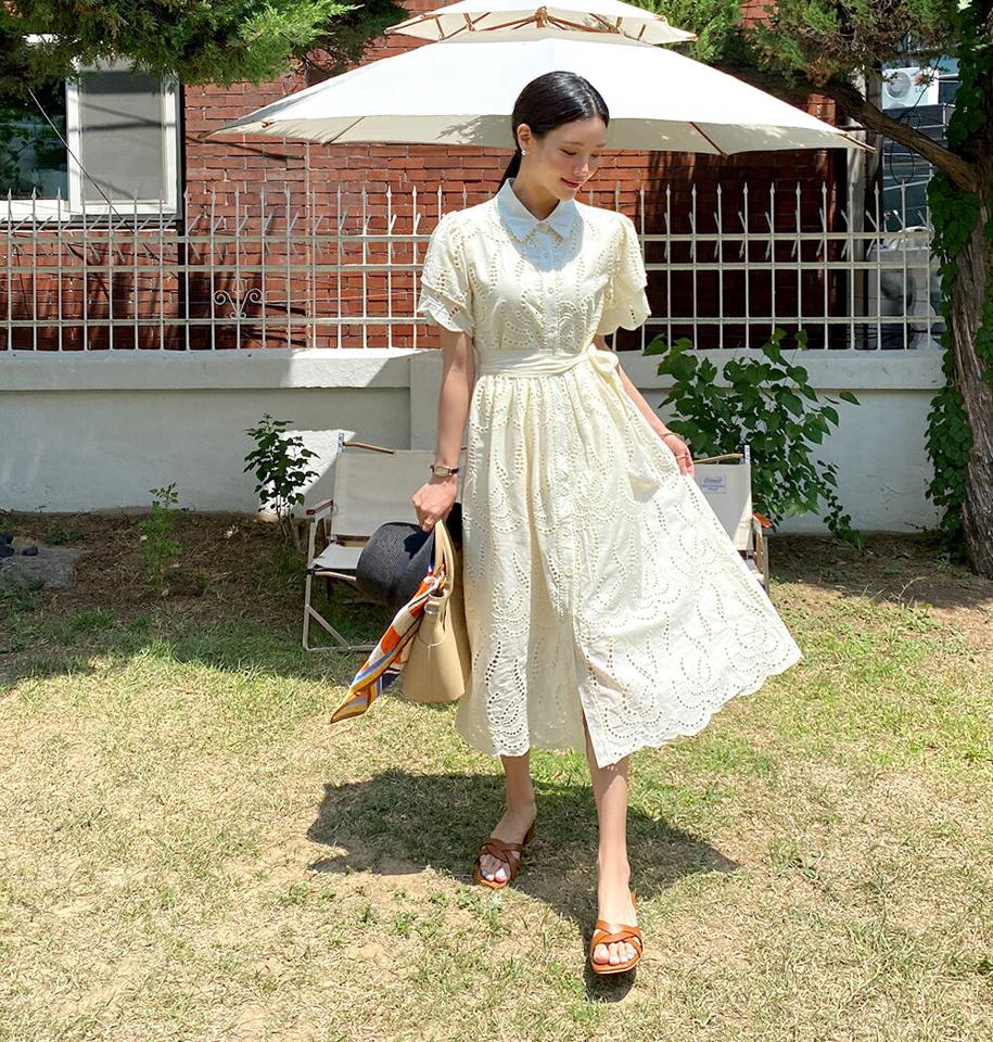 ストラップ付アイレットレースパフワンピース・全3色・b72237 レディース 【ops】ワンピース ロング丈 半袖 ウエストマーク ストラップ付 アイレット レース 柄 模様 襟 フレア パフ 体型カバー 春 夏 フェミニン 韓国ファッション ハイホリHIHOLLI