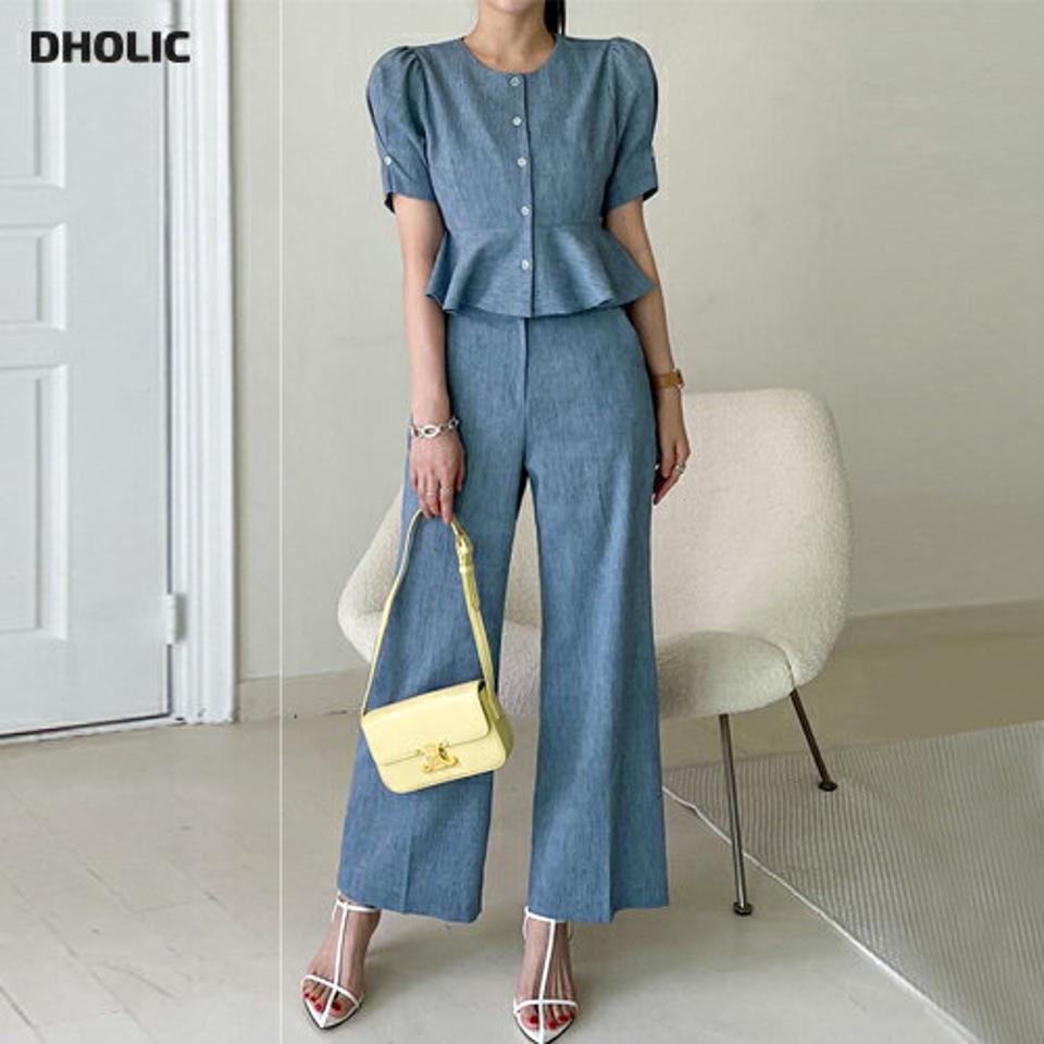 メランジペプラムブラウス&スラックスSET・全2色・t72238 レディース 【pt】セットアップ セット setup パンツ ロング丈 ワイド 柄 メランジ 体型カバー ブラウス 半袖 パフ お腹カバー 青 春 夏 フェミニン 韓国ファッション ハイホリHIHOLLI