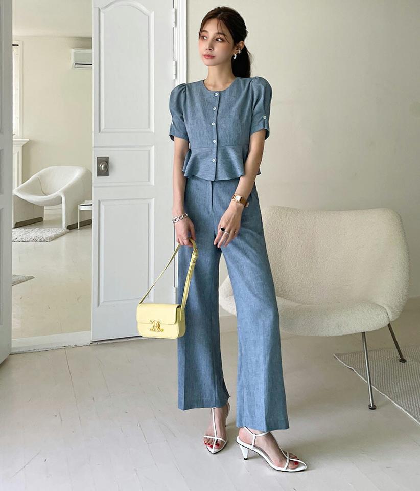 メランジペプラムブラウス&スラックスSET・全2色・t72238 レディース 【pt】セットアップ セット setup パンツ ロング丈 ワイド 柄 メランジ 体型カバー ブラウス 半袖 パフ お腹カバー 青 春 夏 フェミニン 韓国ファッション ハイホリHIHOLLI