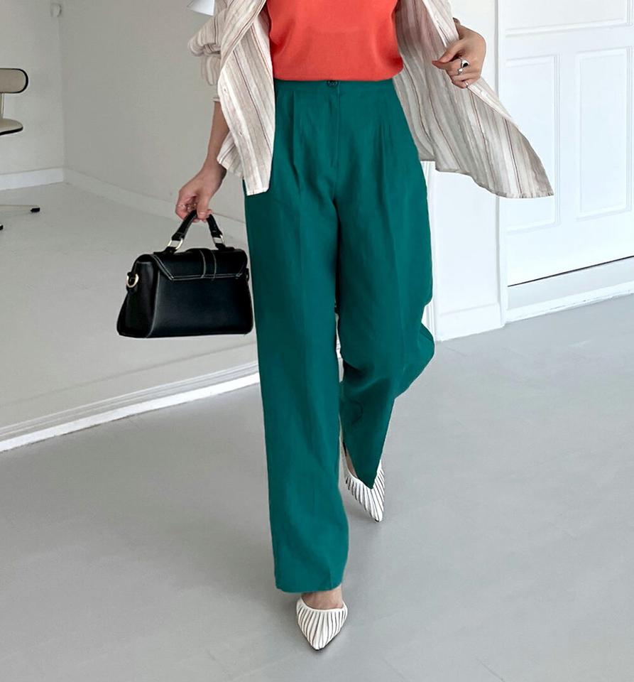 リネンタックストレートスラックス・全3色・t72240 レディース 【pt】スラックス パンツ ロング丈 シンプル ベーシック オフィスカジュアル リネン タック ストレート カラーパンツ 春 夏 カジュアル 緑 グリーン 韓国ファッション ハイホリHIHOLLI