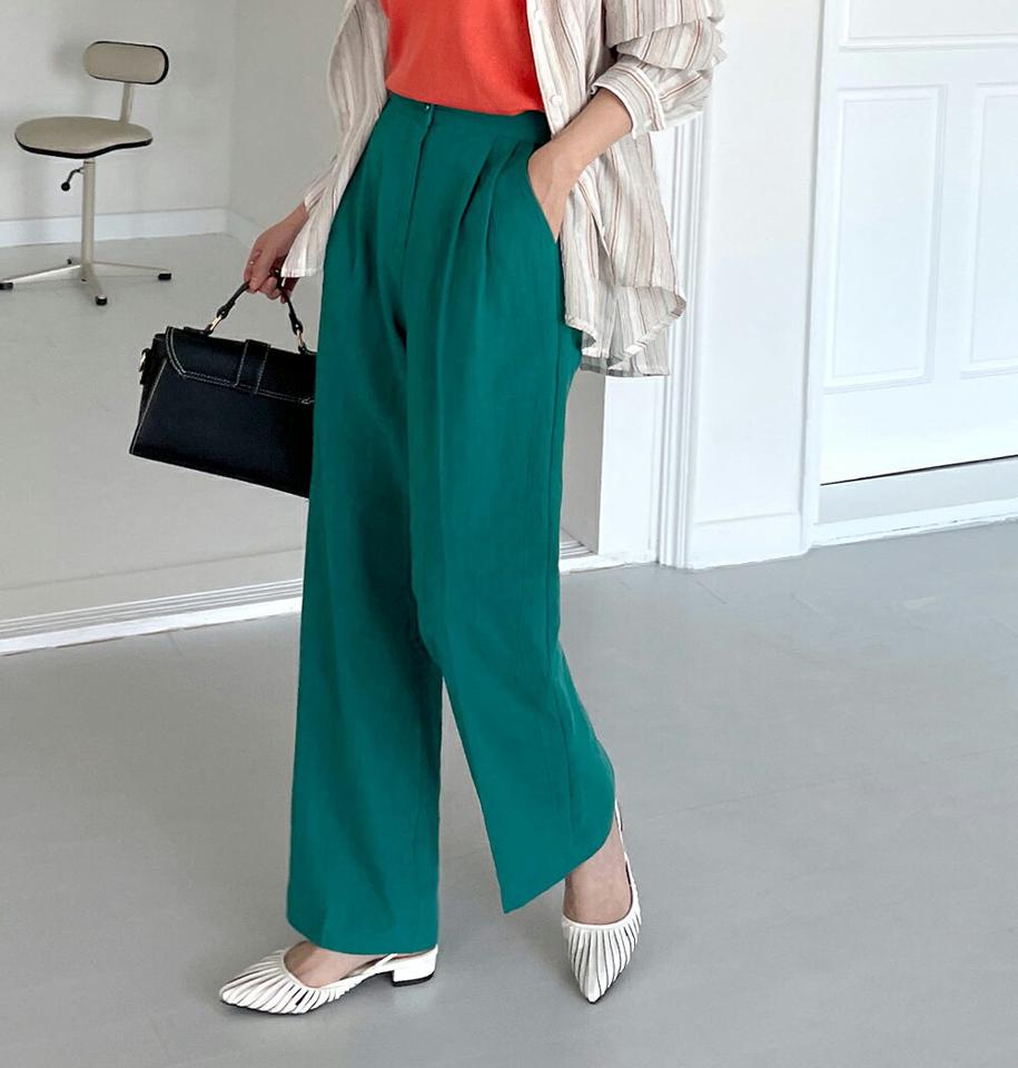 リネンタックストレートスラックス・全3色・t72240 レディース 【pt】スラックス パンツ ロング丈 シンプル ベーシック オフィスカジュアル リネン タック ストレート カラーパンツ 春 夏 カジュアル 緑 グリーン 韓国ファッション ハイホリHIHOLLI