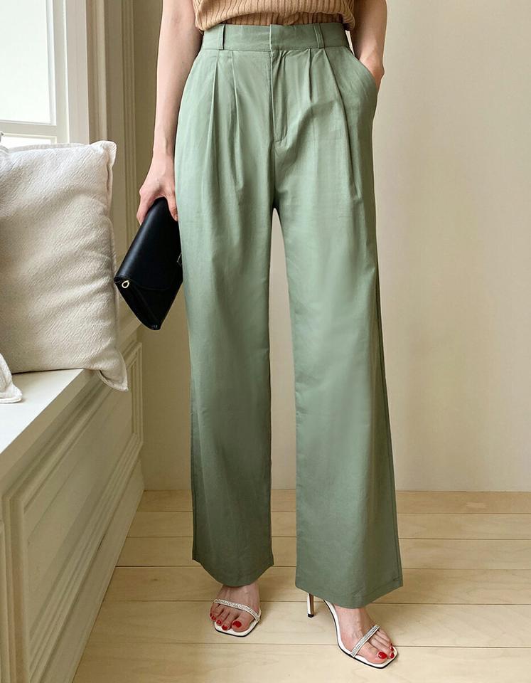コットンワイドスラックス・全4色・t72498 レディース 【pt】スラックス パンツ ロング丈 ワイド コットン 綿 無地 シンプル ベーシック オフィスカジュアル タック 綿 コットン 体型カバー 春 夏 大人 カーキ 緑 韓国ファッション ハイホリHIHOLLI