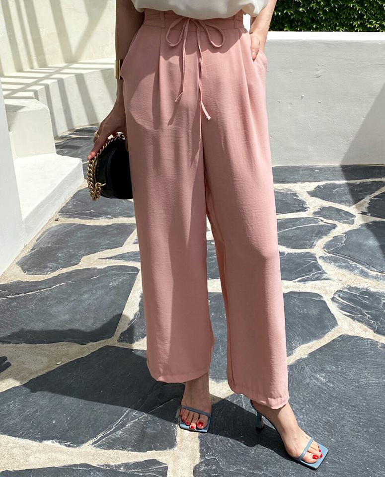 リボンワイドパンツ・全5色・t72523 レディース 【pt】パンツ ロング丈 単色 無地 シンプル ベーシック リボン りぼん ワイド ハイウエスト タック ストレート 春 夏 フェミニン 楽ちん かわいい 可愛い 韓国ファッション ハイホリHIHOLLI