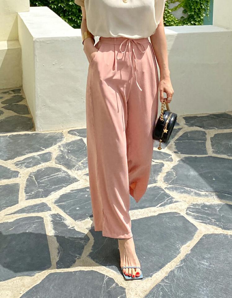 リボンワイドパンツ・全5色・t72523 レディース 【pt】パンツ ロング丈 単色 無地 シンプル ベーシック リボン りぼん ワイド ハイウエスト タック ストレート 春 夏 フェミニン 楽ちん かわいい 可愛い 韓国ファッション ハイホリHIHOLLI