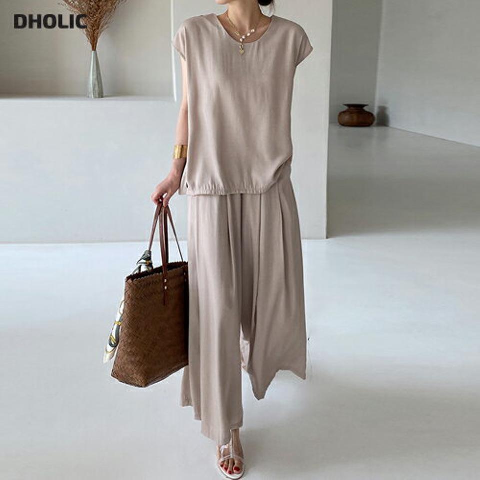 フレンチスリーブブラウス&フレアパンツSET・全2色・b72557 レディース 【pt】セットアップ セット setup トップス 半袖 ブラウス 単色 無地 シンプル ベーシック 楽ちん パンツ ロング丈 春 夏 カジュアル 韓国ファッション 人気 ハイホリHIHOLLI