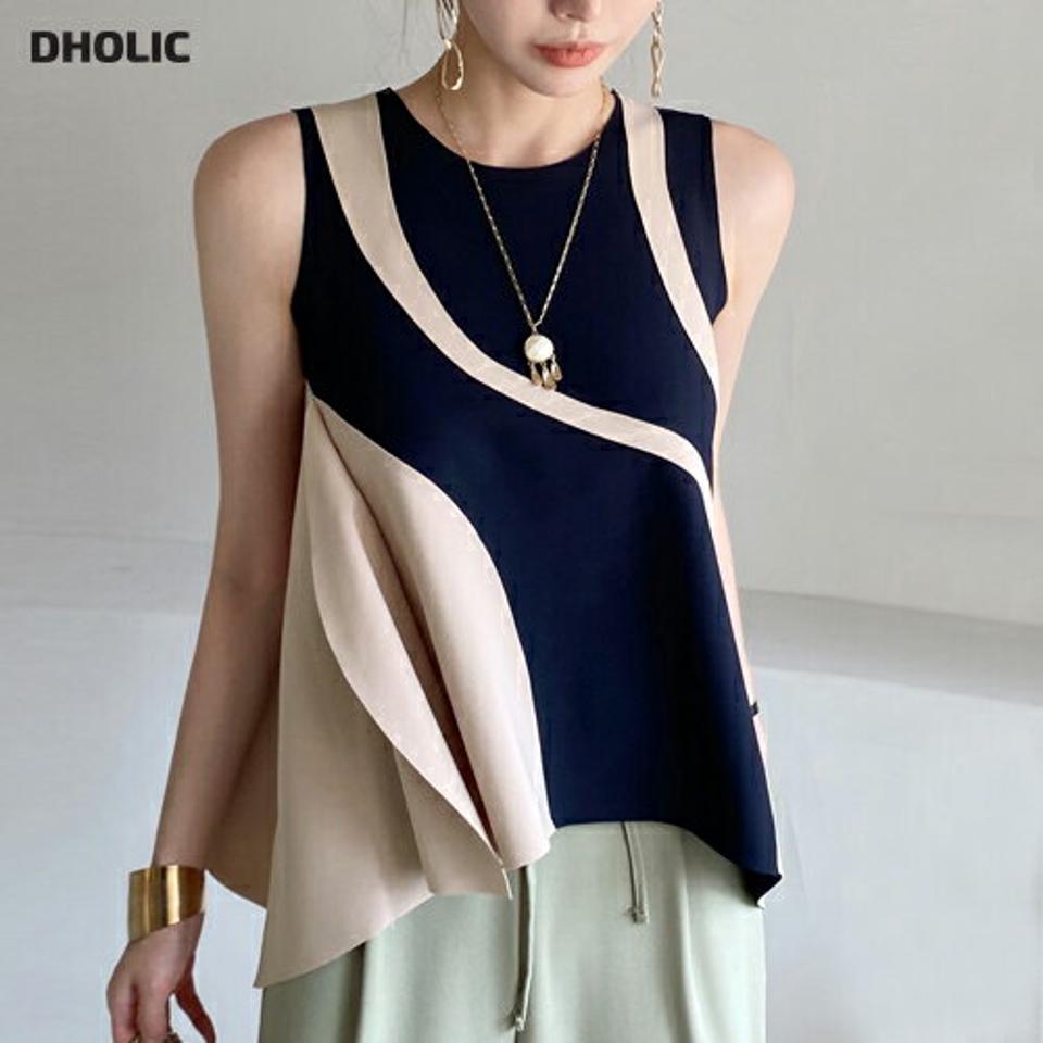 ウェーブ配色フレアノースリーブ・全3色・b72480 レディース 【tops】トップス ノースリーブ スリーブレス 配色 柄 模様 ウェーブ フレア アンバランス ラッフル 春 夏 フェミニン 大人 お腹カバー 上品 高級感 韓国ファッション ハイホリHIHOLLI