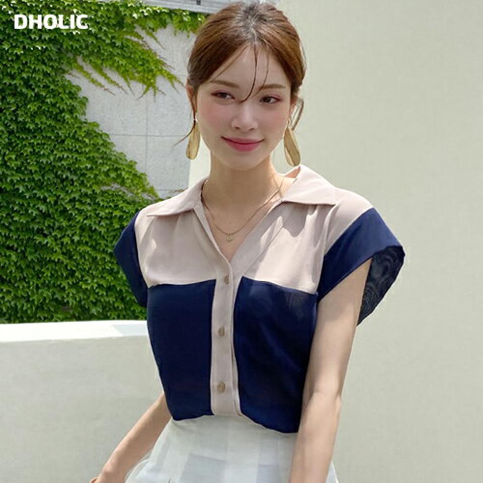 【10%OFF】配色カラーネックブラウス・全3色・t72477 レディース 【bl】ブラウス トップス 半袖 柄 模様 配色 襟 ボタン Vネック 鎖骨 デコルテ 春 夏 フェミニン きれいめ ブルー ネイビー ワイン 上品 大人 きれいめ 韓国ファッション ハイホリHIHOLLI セール SALE