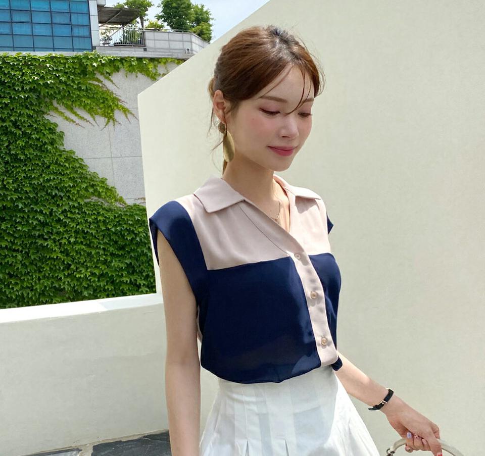 【10%OFF】配色カラーネックブラウス・全3色・t72477 レディース 【bl】ブラウス トップス 半袖 柄 模様 配色 襟 ボタン Vネック 鎖骨 デコルテ 春 夏 フェミニン きれいめ ブルー ネイビー ワイン 上品 大人 きれいめ 韓国ファッション ハイホリHIHOLLI セール SALE