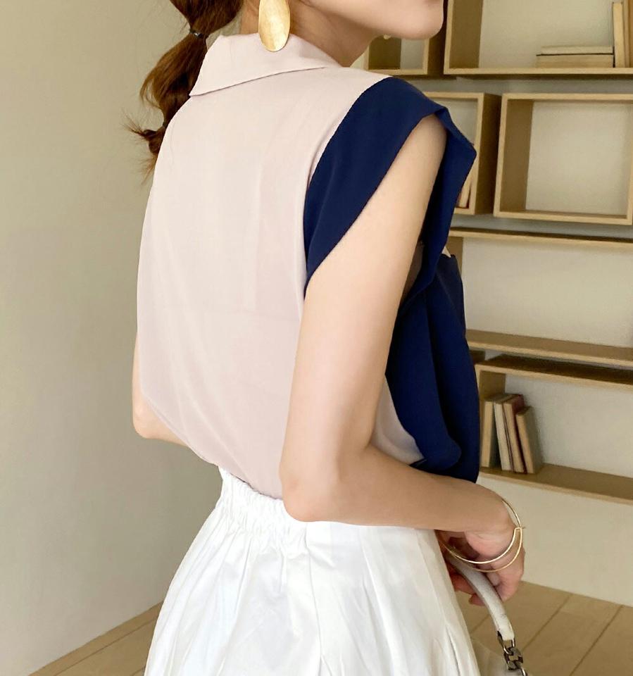【10%OFF】配色カラーネックブラウス・全3色・t72477 レディース 【bl】ブラウス トップス 半袖 柄 模様 配色 襟 ボタン Vネック 鎖骨 デコルテ 春 夏 フェミニン きれいめ ブルー ネイビー ワイン 上品 大人 きれいめ 韓国ファッション ハイホリHIHOLLI セール SALE