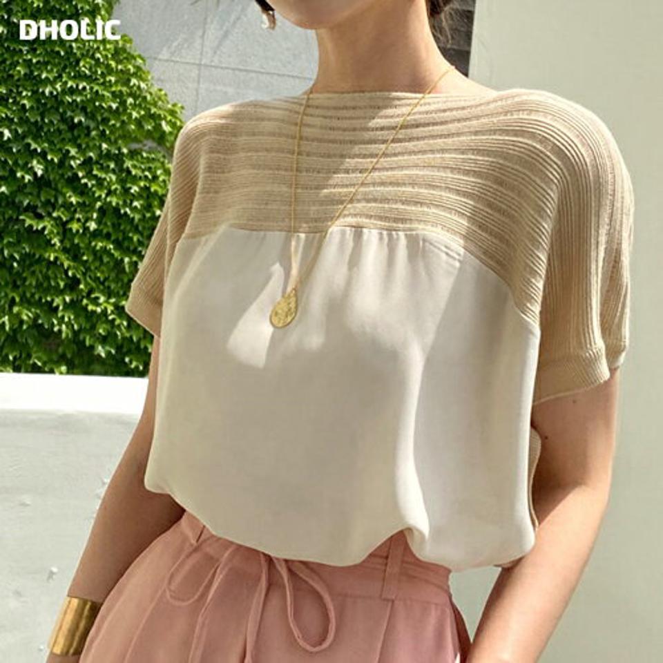 リブフレンチスリーブブラウス・全5色・b72558 レディース 【bl】ブラウス トップス 半袖 異素材 柄 模様 フレンチスリーブ 体型カバー ボートネック ルーズフィット ゆったり 春 夏 パステル フェミニン 韓国ファッション ハイホリHIHOLLI