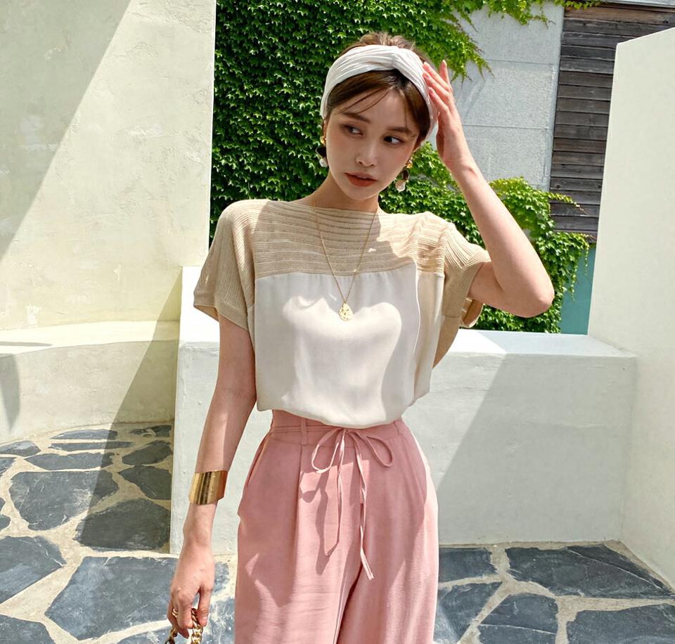 リブフレンチスリーブブラウス・全5色・b72558 レディース 【bl】ブラウス トップス 半袖 異素材 柄 模様 フレンチスリーブ 体型カバー ボートネック ルーズフィット ゆったり 春 夏 パステル フェミニン 韓国ファッション ハイホリHIHOLLI