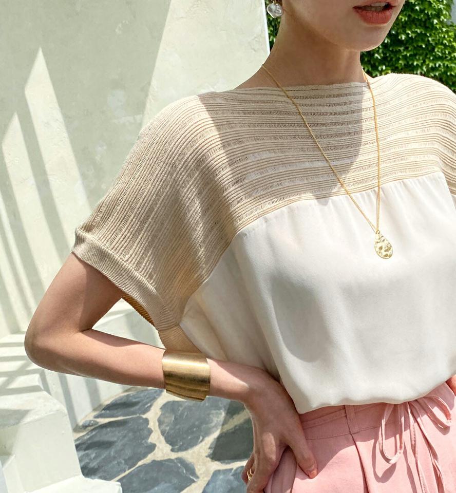 リブフレンチスリーブブラウス・全5色・b72558 レディース 【bl】ブラウス トップス 半袖 異素材 柄 模様 フレンチスリーブ 体型カバー ボートネック ルーズフィット ゆったり 春 夏 パステル フェミニン 韓国ファッション ハイホリHIHOLLI