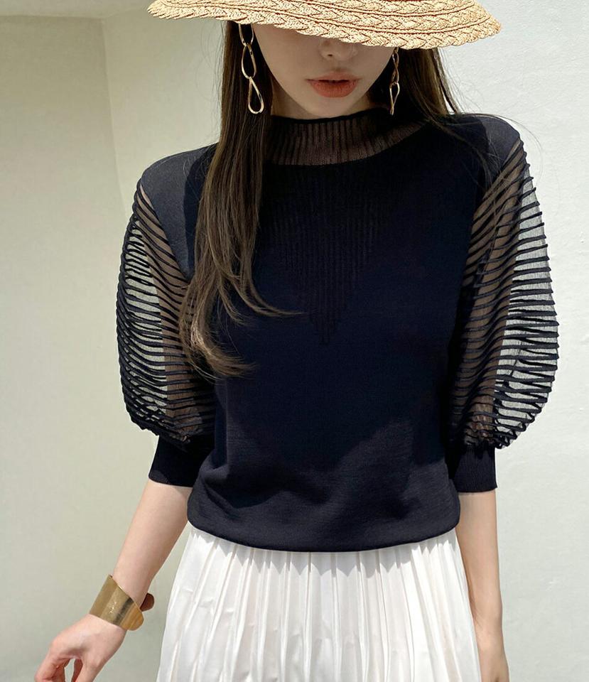 メッシュバルーンスリーブニット・全3色・t72472 レディース 【tops】トップス ニット 七分袖 7分袖 単色 柄 模様 異素材 シアー 透け感 シースルー メッシュ バルーン ハーフネック 春 夏 フェミニン 韓国ファッション ハイホリHIHOLLI
