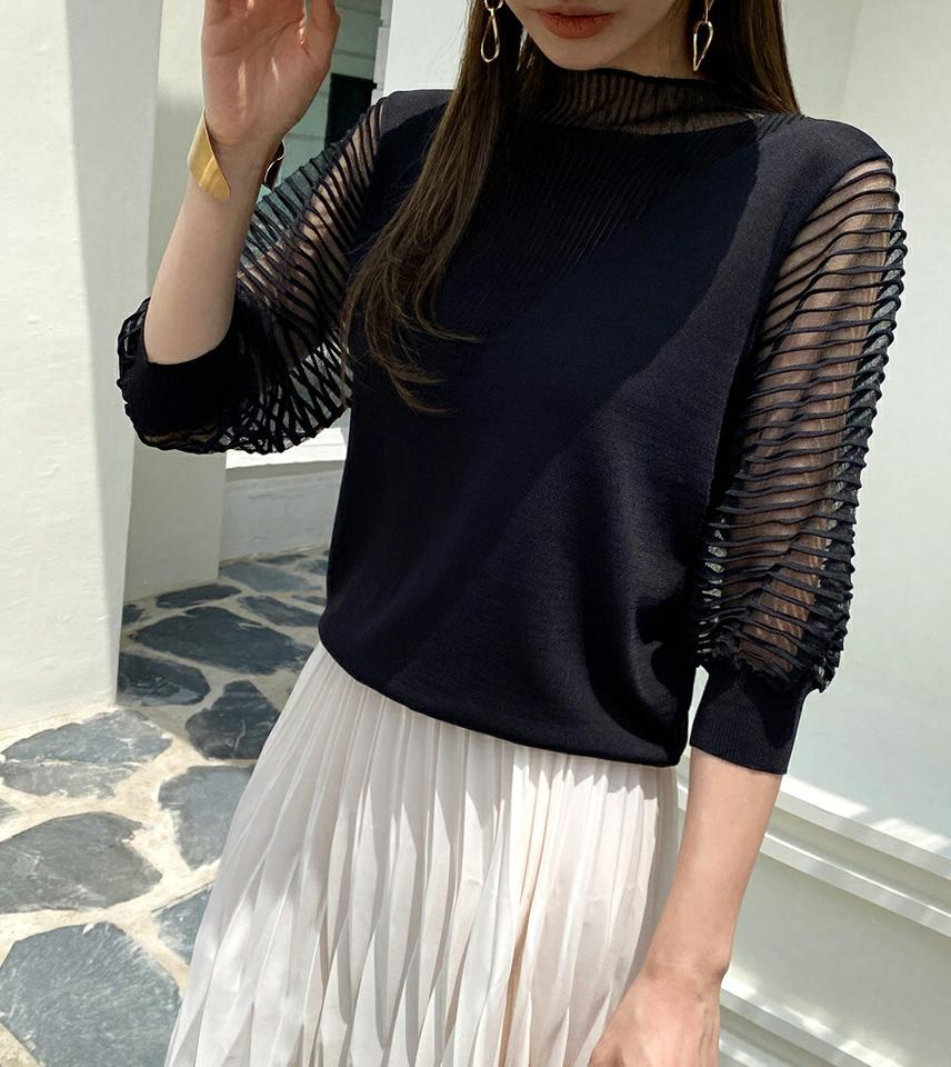 メッシュバルーンスリーブニット・全3色・t72472 レディース 【tops】トップス ニット 七分袖 7分袖 単色 柄 模様 異素材 シアー 透け感 シースルー メッシュ バルーン ハーフネック 春 夏 フェミニン 韓国ファッション ハイホリHIHOLLI