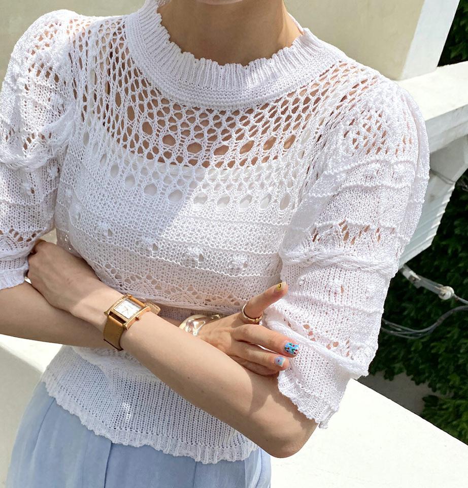 メッシュパンチングニット・全4色・b72471 レディース 【tops】トップス ニット 単色 柄 模様 パンチング 透け感 メッシュ 二の腕カバー クロップド丈 春 夏 フェミニン かわいい 可愛い 透かし編み 韓国ファッション ハイホリHIHOLLI