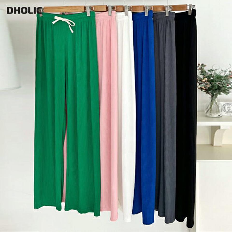 ストリング付リブワイドパンツ・全6色・t00792 レディース 【pt】パンツ ズボン ロングパンツ ワイドパンツ 単色 無地 シンプル ベーシック ウエストゴム ハイウエスト カジュアル ストレート ラフ リブ 緑 青 楽ちん ピンク 春 夏 韓国ファッション
