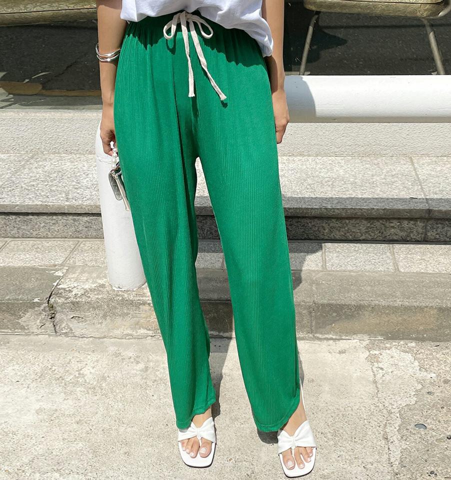 ストリング付リブワイドパンツ・全6色・t00792 レディース 【pt】パンツ ズボン ロングパンツ ワイドパンツ 単色 無地 シンプル ベーシック ウエストゴム ハイウエスト カジュアル ストレート ラフ リブ 緑 青 楽ちん ピンク 春 夏 韓国ファッション
