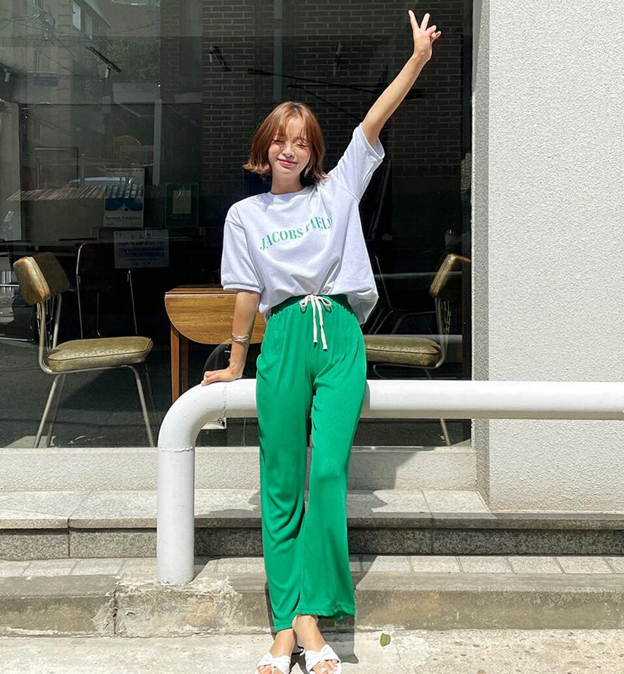 ストリング付リブワイドパンツ・全6色・t00792 レディース 【pt】パンツ ズボン ロングパンツ ワイドパンツ 単色 無地 シンプル ベーシック ウエストゴム ハイウエスト カジュアル ストレート ラフ リブ 緑 青 楽ちん ピンク 春 夏 韓国ファッション