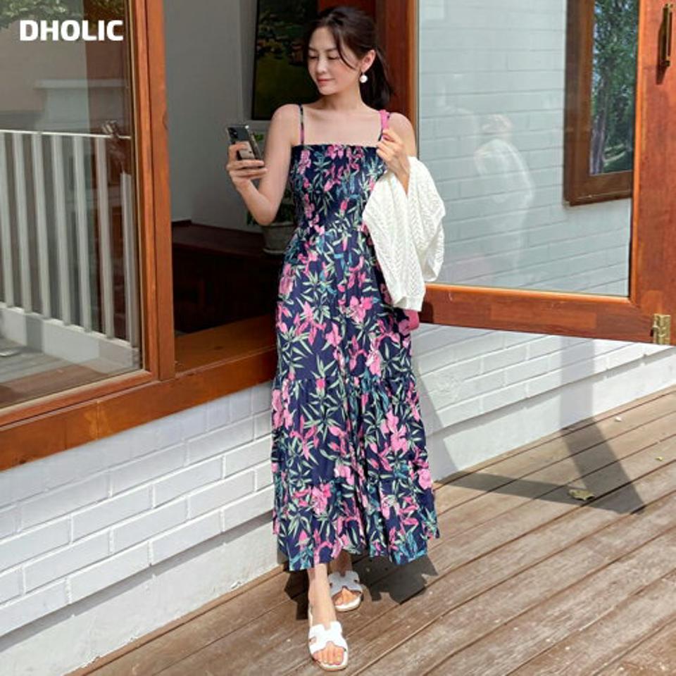 ボタニカルキャミワンピース・全2色・b00810 レディース 【ops】ワンピース ロング丈 ロングワンピース スリーブレス ノースリーブ キャミソール 花柄 ボタニカル 総柄 リゾート シャーリング ティアード 大人 春 夏 韓国ファッション