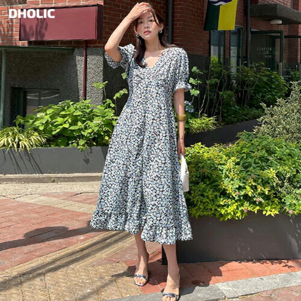 花柄Vネックスリットワンピース・全2色・t00786 レディース 【ops】ワンピース ロング丈 ロングワンピース 半袖 パフスリーブ 花柄 小花柄 スリット フェミニン Aライン フリル Vネック きれいめ かわいい 大人 春 夏 韓国ファッション