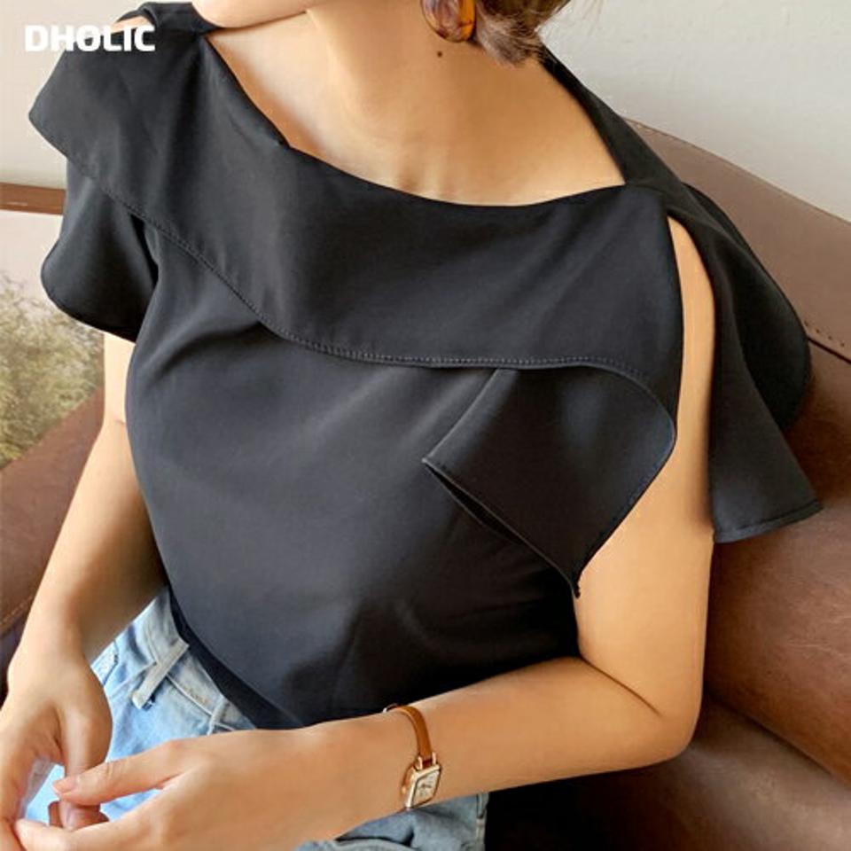 フリルフレンチスリーブブラウス・全3色・b00784 レディース 【bl】トップス ブラウス 半袖 フレンチスリーブ ショートスリーブ フリル 二の腕カバー フェミニン きれいめ 単色 シンプル 無地 スリット オフィスカジュアル 春 夏 韓国ファッション