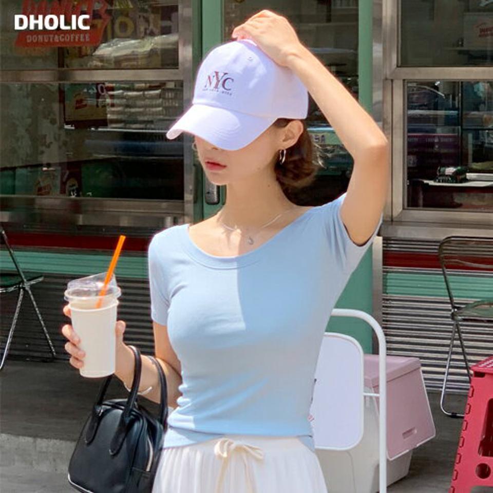 2WAYネック半袖Tシャツ・全4色・t00808 レディース 【tops】トップス Tシャツ 半袖 ラウンドネック スクエアネック クロップド丈 短丈 タイト スリム 単色 無地 シンプル ベーシック カジュアル ラフ Y2K 水色 春 夏 韓国ファッション