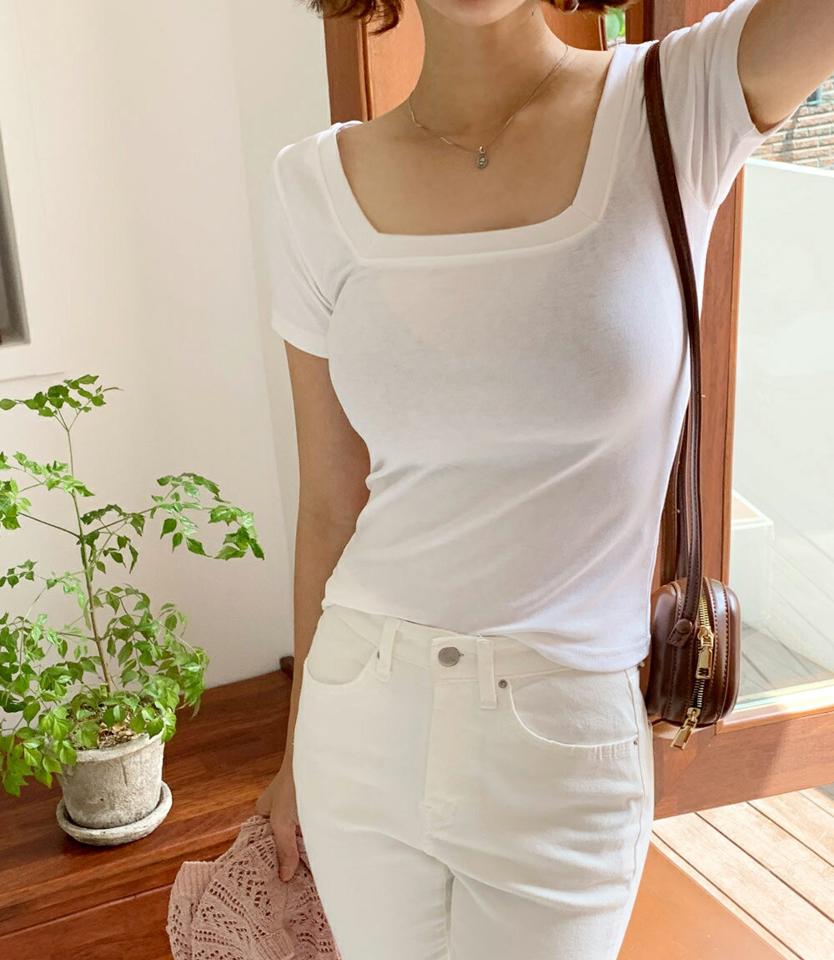 2WAYネック半袖Tシャツ・全4色・t00808 レディース 【tops】トップス Tシャツ 半袖 ラウンドネック スクエアネック クロップド丈 短丈 タイト スリム 単色 無地 シンプル ベーシック カジュアル ラフ Y2K 水色 春 夏 韓国ファッション