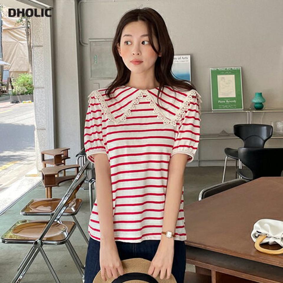 ビッグカラーボーダーTシャツ・全3色・b00777 レディース 【tops】トップス Tシャツ 半袖 ハーフスリーブ ボーダー柄 大きい襟 ガーリー かわいい 可愛い カジュアル ボーダーT レース スカラップ ラウンドネック 赤 春 夏 韓国ファッション